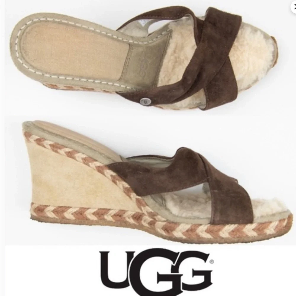 Ugg Brown Suede Criss Cross Wedge Slide Sandals Womens Size 10 Platform Heel Tan